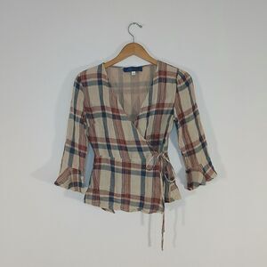 Blue Rain Plaid Wrap Tie Front Top Blouse Small Bell Sleeves Cottagecore Boho